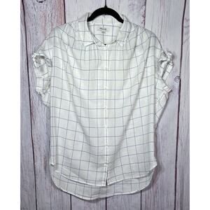Madewell Central Tie-Sleeve Shirt in Windowpane White Blue Raglan Sleeve Size M